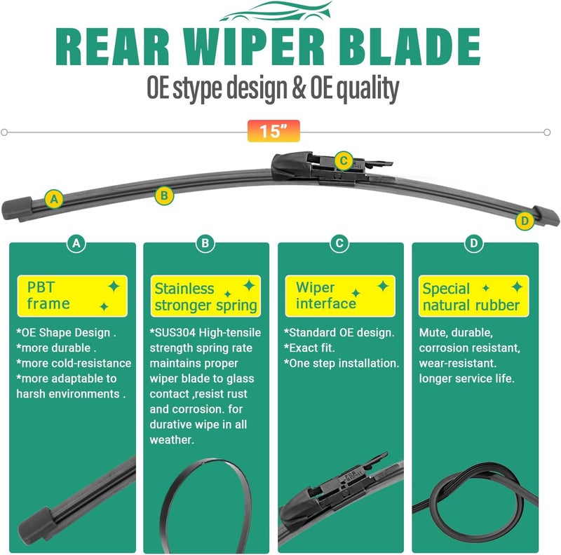 WINDSMILE 24" 20" 15" Windshield Wiper Blades Replacement for Porsche Macan 2015 2016 2017 2018 2019 2020 2021 2022 2023 2024 2025 Premium All Weather Front Rear Wipers Set - OEM Quality (Pack of 3) - Image 4